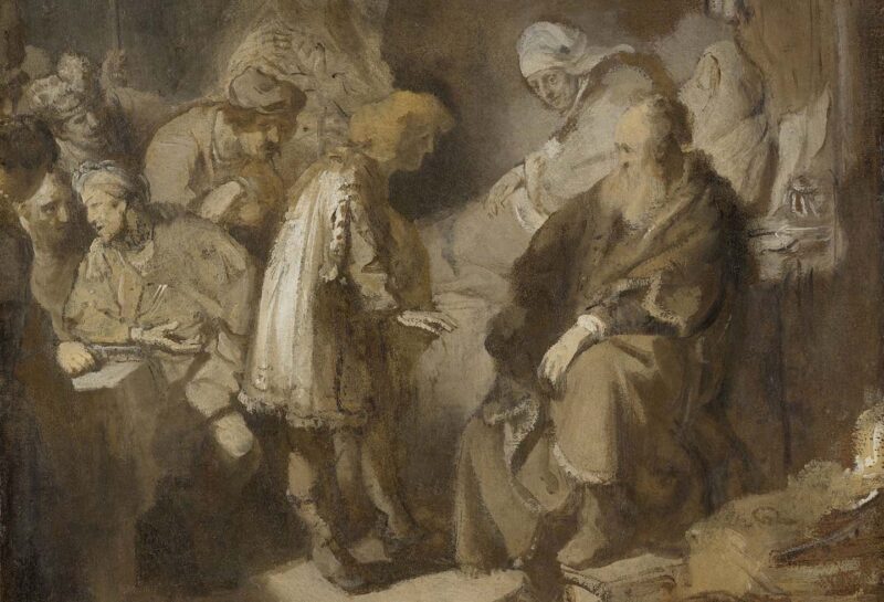 Joseph Telling his Dreams to his Parents and Brothers, by Rembrandt, 1633, Dutch oil painting. 
